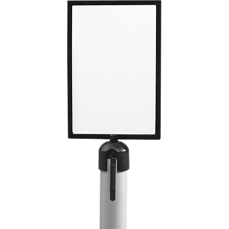 Black frame with blank white area, mounted on a white post.