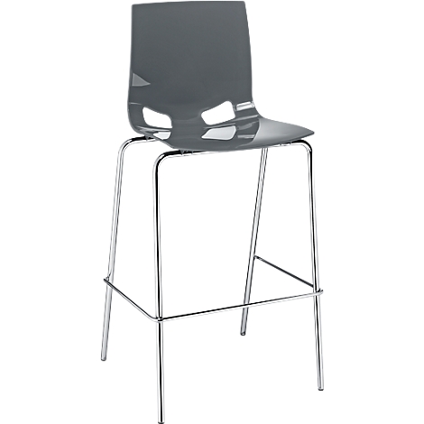 Grey bar stool with chrome frame. Seat and back are plastic with cutouts. Four slim legs, a footrest.