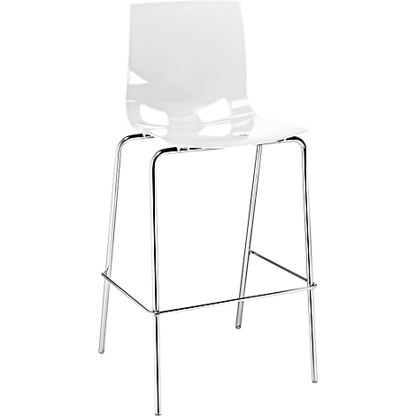 White bar stool with backrest and chrome frame.
