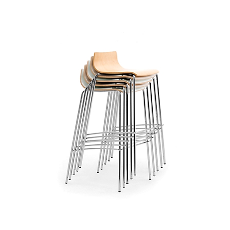 Several bar stools stacked together, light wood seats, silver metal legs, against a white background.