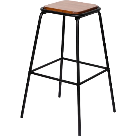 Stool with square wooden top and black metal frame.