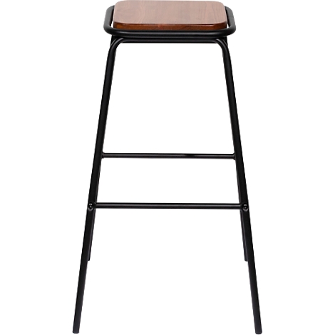 Stool with black metal frame and brown seat, isolated.
