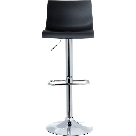 Black bar stool, chrome frame, footrest, height adjustable.