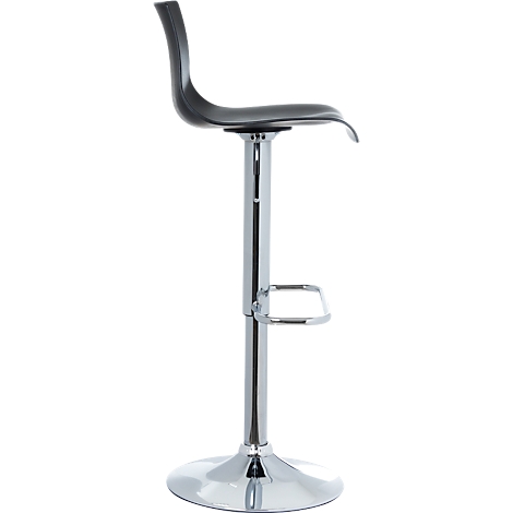 Black bar stool with curved seat and chrome-plated frame on white background.