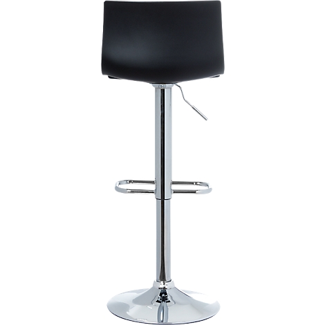 A black bar stool with a chrome frame. The seat is square and padded, the footrest is round.