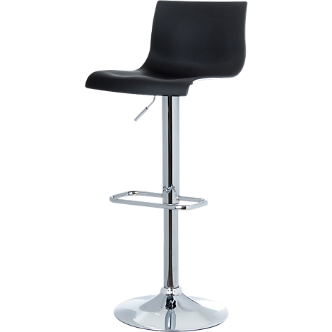 Black, chrome-plated bar stool without armrests. Round base, footrest, seat and backrest made of plastic.