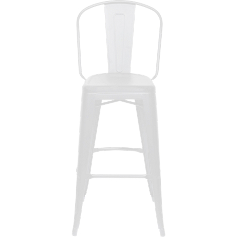 White metal bar stool, backrest and footrest.
