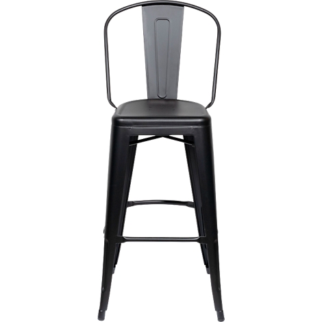 Black metal bar stool with backrest. The seat is rectangular, the legs are slightly splayed.