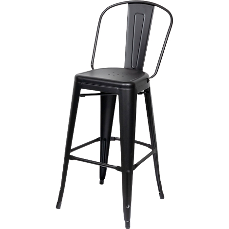Black metal bar stool, high seat, backrest and footrest.