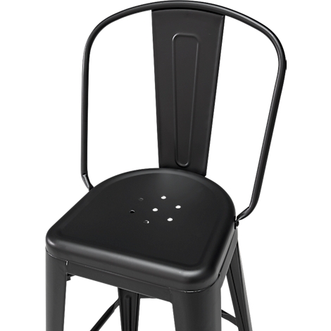 Black metal bar stool, featuring a backrest and a seat with holes.