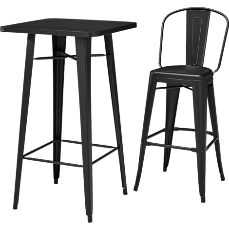 Black bar table with matching bar stool, metal construction. Table square, chair with backrest.