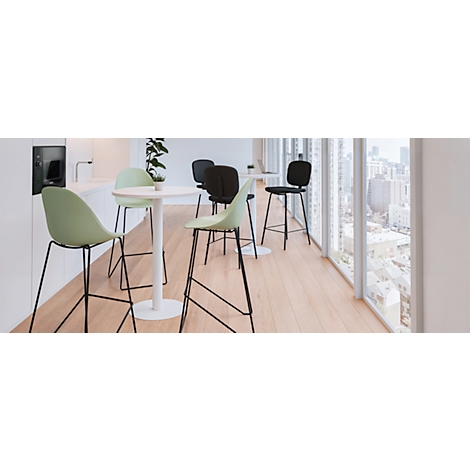 Modern dining set with stools and a table in a bright, urban environment. A window provides a view of a cityscape.