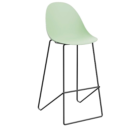 A bar stool with a light green seat and a black metal frame. The seat is smooth and teardrop-shaped. The frame is minimalist.