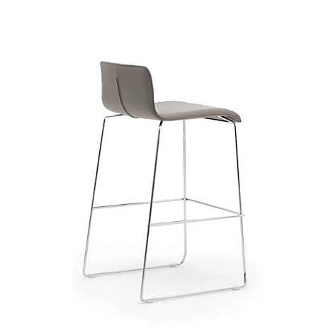 A gray metal bar stool, seen from the back, on a white background. The seat and backrest are made of gray fabric.