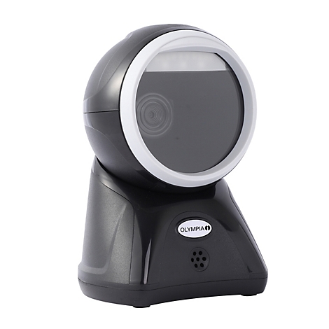 Schwarzer Barcodescanner mit weißem Rand. Marke: Olympia. Auf hellem Hintergrund.