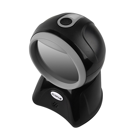 Schwarzer Barcode-Scanner mit weißem Rand und "Olympia"-Logo. Gerät steht aufrecht auf weißem Hintergrund.