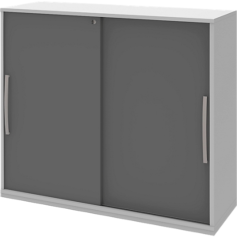 Grey cabinet with sliding doors and silver handles.