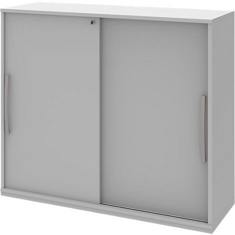 Gray cabinet with sliding doors and silver handles.