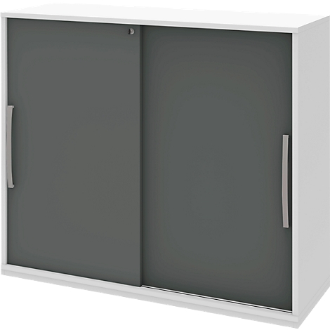 White cabinet with two gray sliding doors and silver handles.