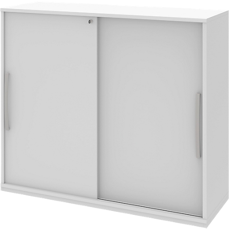 White cabinet with sliding doors, two silver handles, and a small keyhole.