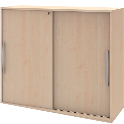 A beige cabinet with sliding doors. It has silver handles and a lock. Wood grain is visible.
