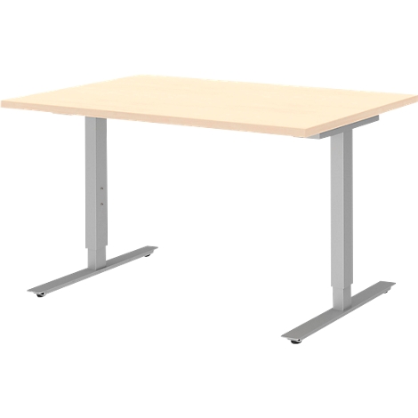 Light-colored desk with silver, height-adjustable legs.