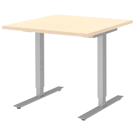 A square height-adjustable desk with a light wood top and silver legs.