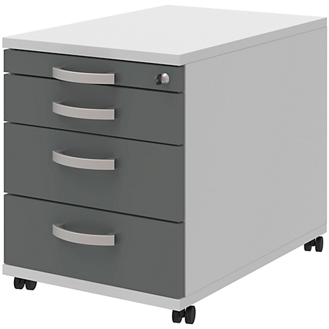 Grey and white rolling cabinet with four drawers. Drawers with silver handles, a lock on top. Standing on small wheels.