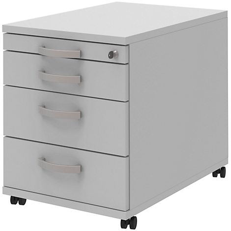 Light gray rectangular mobile pedestal with three drawers and silver handles. It stands on small wheels.