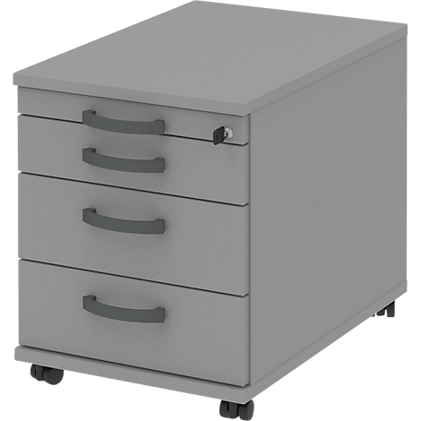 Gray, three-drawer office container with wheels and black handles. There is a lock on the top drawer.