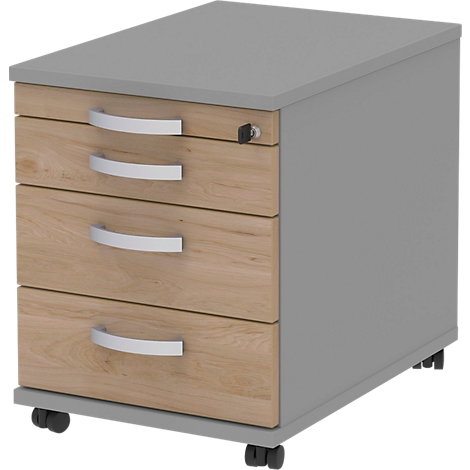 Gray rolling file cabinet with three drawers and silver handles. The drawers are made of light-colored wood.