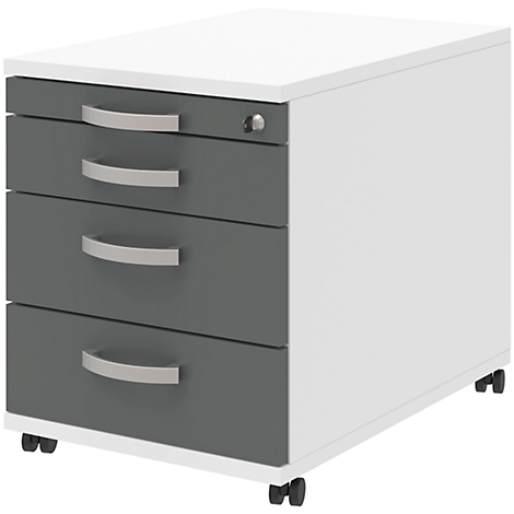 Mobile pedestal with four drawers in white and gray. Metal handles. Rollers at the bottom.