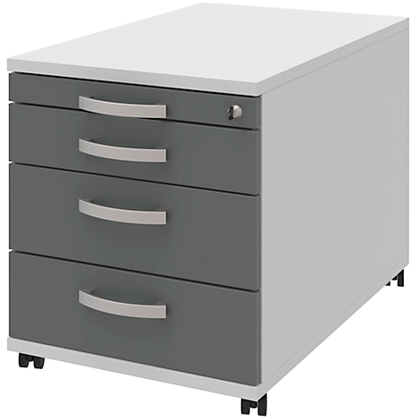 Grey mobile pedestal with three drawers, silver handles, lock and castors.