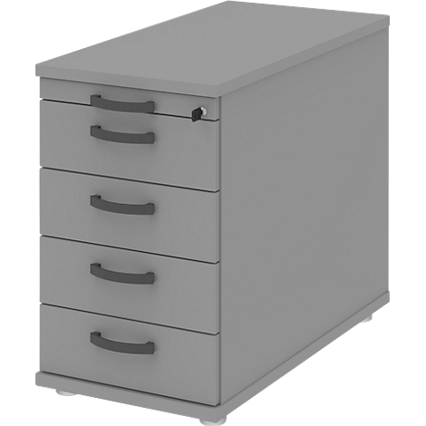 Gray, rectangular office cabinet with four drawers, dark handles and a keyhole.
