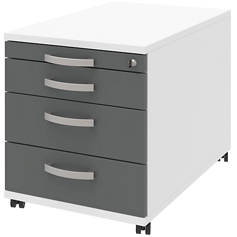 White mobile pedestal with three gray drawers and silver handles. On wheels.