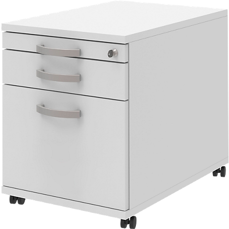 White mobile pedestal with three drawers. The handles are silver, one drawer has a lock. On four wheels.