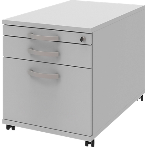 Grey mobile pedestal with three drawers, silver handles and a lock.