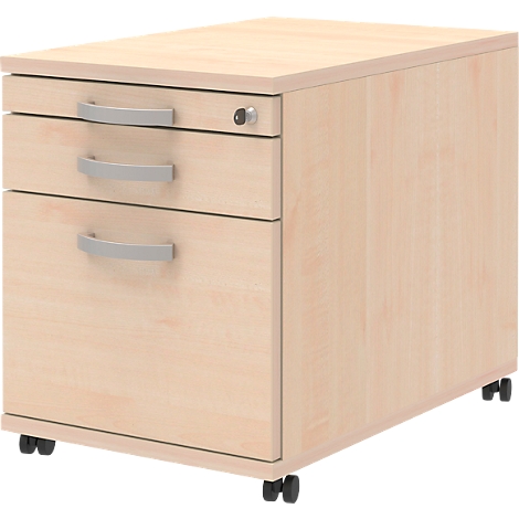 Beige mobile pedestal with three drawers and silver handles. Wheels under the container.
