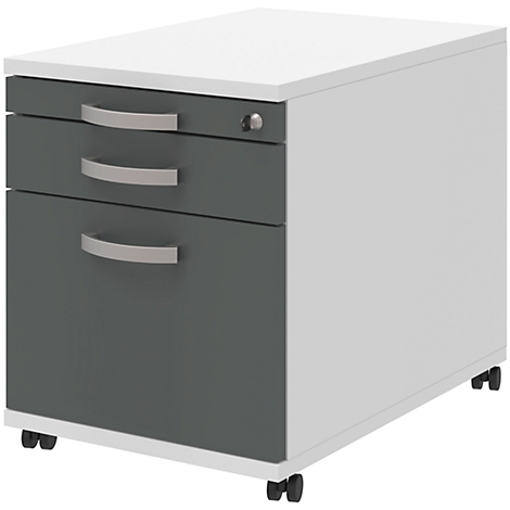 Grey and white mobile pedestal with three drawers, silver handles and castors.