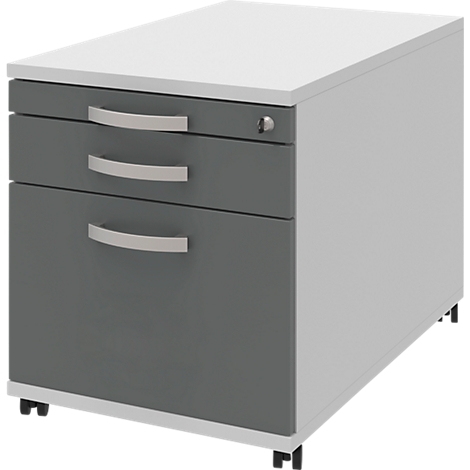 Gray office container with three drawers, handles, and wheels. White top panel.