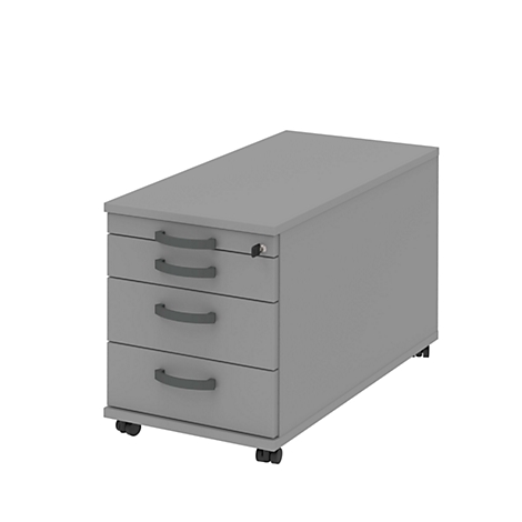 Gray mobile pedestal with three drawers, gray handles and castors.