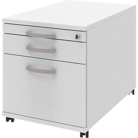 White mobile pedestal with three drawers, silver handles, and wheels.