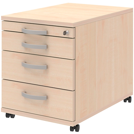 Beige roll container with three drawers and silver handles, stands on small wheels.