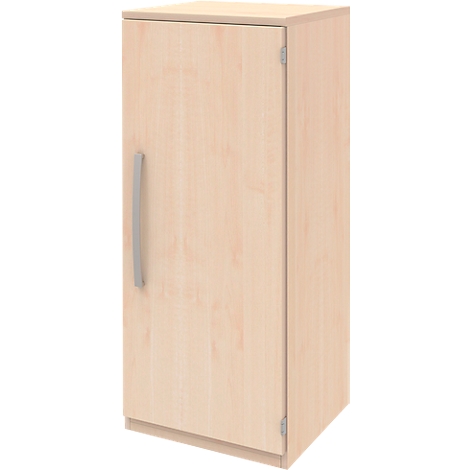 A small, light brown cabinet with one door, a silver handle, and a simple design.