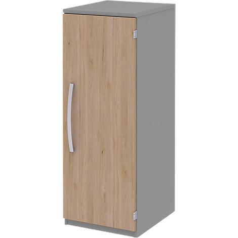 A narrow, gray cabinet with a wood-look door and a silver handle.