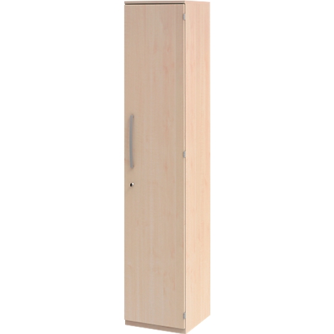Cabinet made of light wood, silver handle and lock.