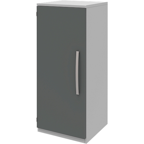 Gray cabinet with one door and a silver handle, against a white background.