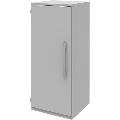 Grey cabinet with vertical handle. The door is closed.
