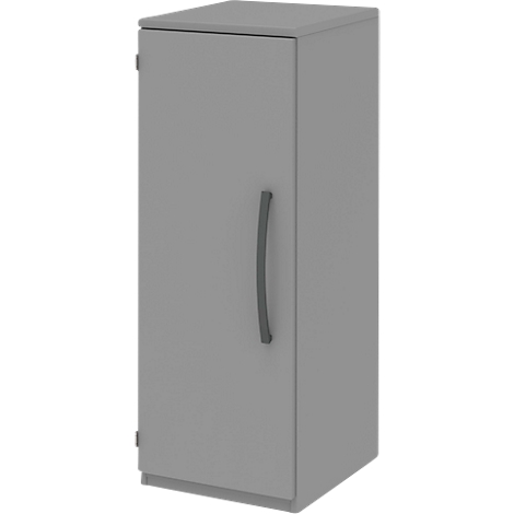 Grey cabinet with a curved handle. The door is closed.