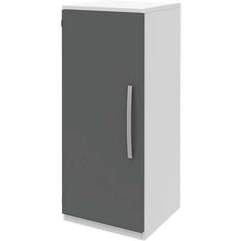 A white cabinet with a gray door and a silver handle.